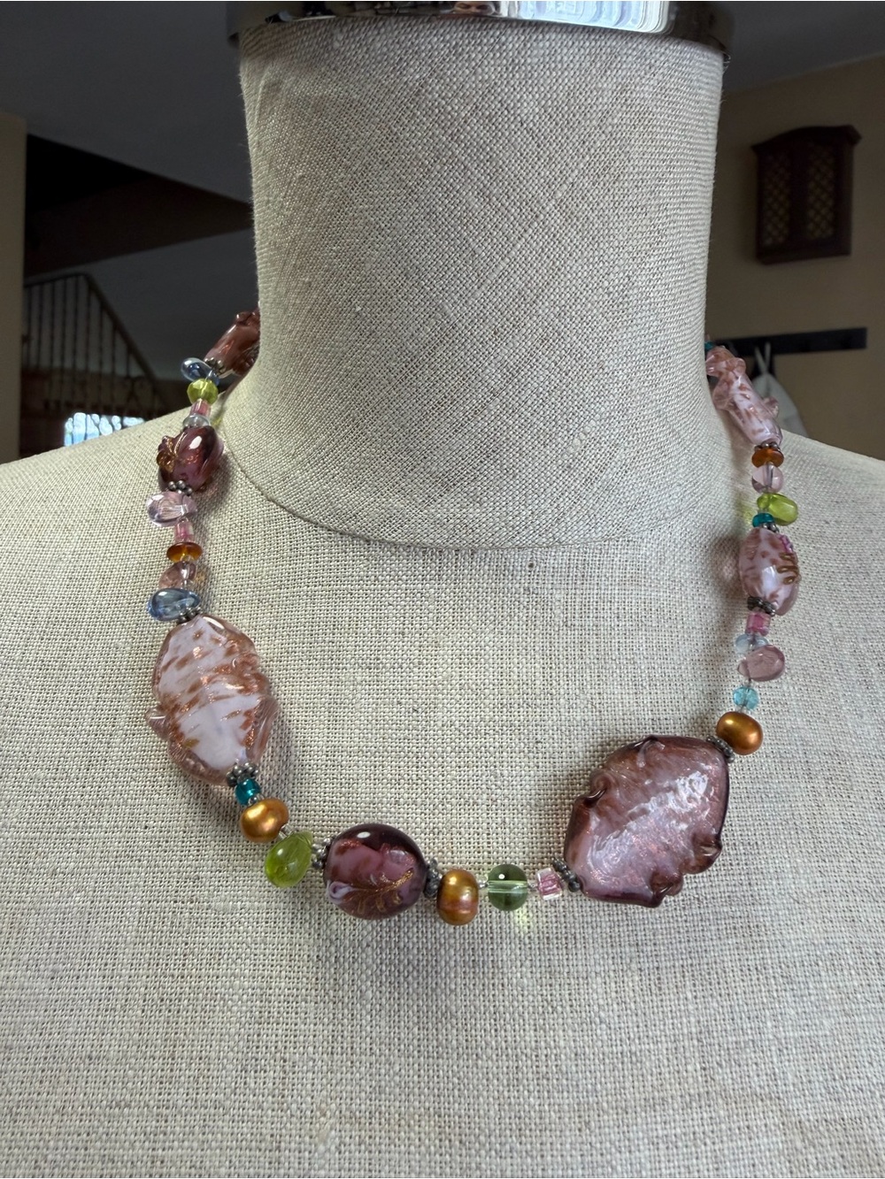 Vintage Premier Designs Art Glass & Pearl Beaded Necklace - Pastel Pink Purple